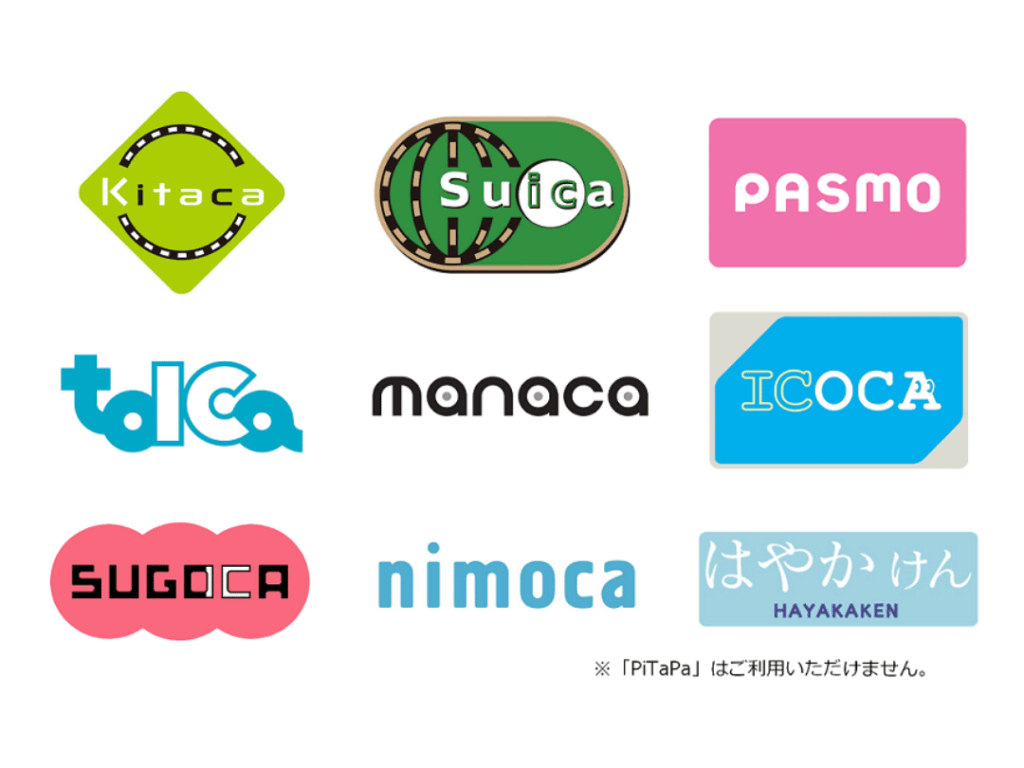 当店で使用できる電子決済（交通系ICカード）の一覧です。
左上から順に、Kitaca、Suica、PASMO、TOICA、manaca、ICOCA、SUGOCA、nimoca、はやかけん　と並んでいます。
※「PiTaPa」はご利用いただけません　と注意書きが書かれています。